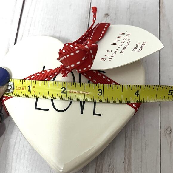 Rae Dunn "Love" Heart Shaped 4 Piece Ceramic Coaster Set NEW By Magenta - Picture 5 of 5
